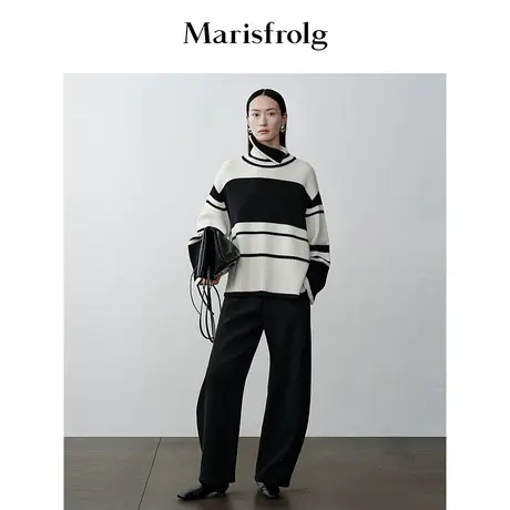【商场同款】玛丝菲尔2023年冬新款条纹高领套头羊毛打底针织衫商品大图