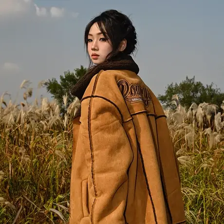 复古麂皮绒拼接棉服女冬季羊羔毛外套2023年新款宽松oversize棉衣商品大图