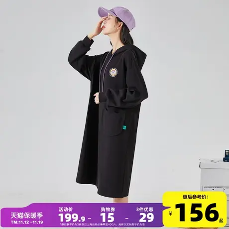 【迪士尼联名】唐狮黑色休闲卫衣连衣裙女秋新款连帽长款卫衣裙q1图片