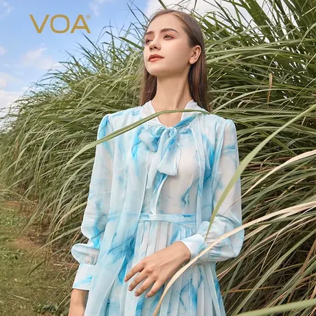 VOA真丝乔其蓝色系带衬衫袖扎染透气清爽百搭中长款桑蚕丝外套商品大图