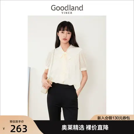 音儿美地女装2022夏季新款白色短袖蝴蝶结雪纺衬衫宽松上衣商品大图