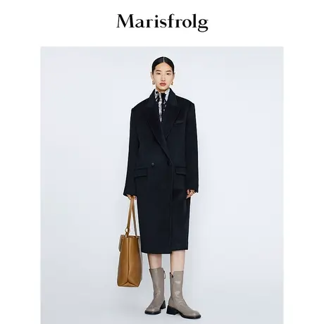 【商场同款】玛丝菲尔冬季新款黑色西装式山羊绒双面呢毛呢大衣商品大图