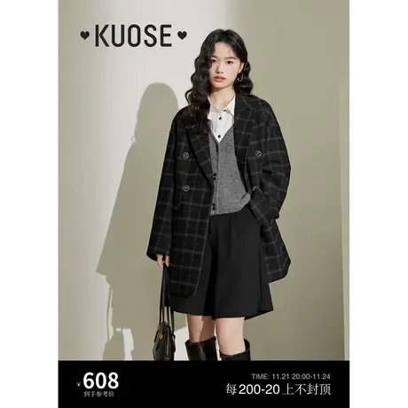 阔色英伦风格子西装外套女2023新款秋冬季复古中长款呢子大衣图片