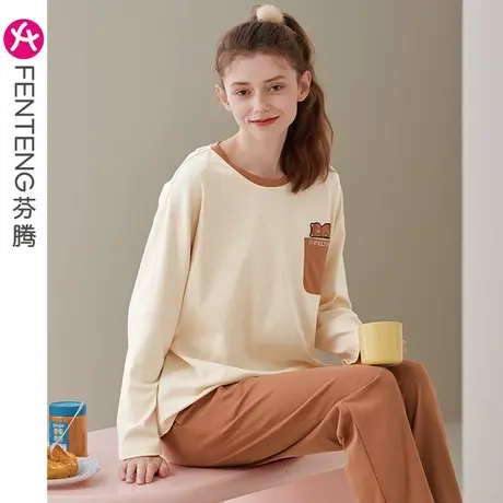 芬腾纯棉睡衣女春秋长袖圆领套头韩版休闲宽松全棉可爱家居服套装商品大图