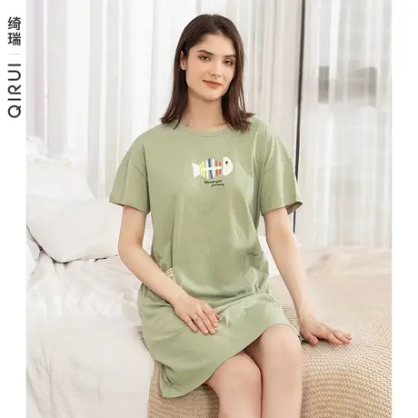 绮瑞纯棉睡衣女士夏季短袖薄款中长款可爱印花家居服睡裙商品大图