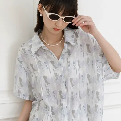 omont蛋挞家 复古可拆卸领带垂顺百搭短袖衬衫女夏新款季碎花上衣商品大图