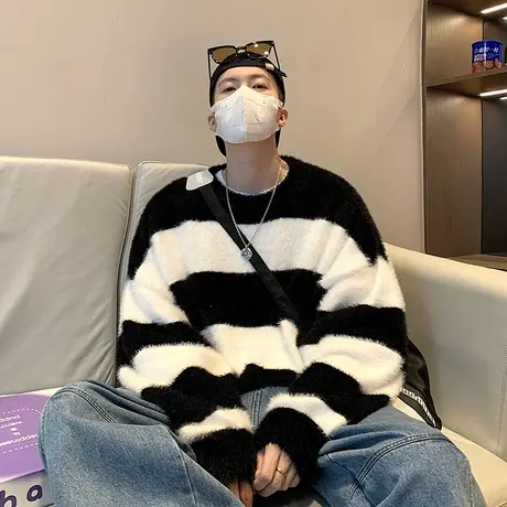 条纹马海毛针织衫男春秋季毛衣美式复古慵懒风潮牌情侣大码上衣服商品大图