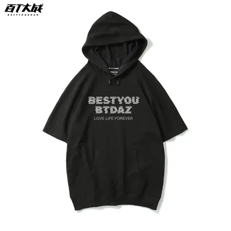 创意趣味字母印花潮流T恤男美式街头简约运动黑色纯棉连帽短袖潮商品大图