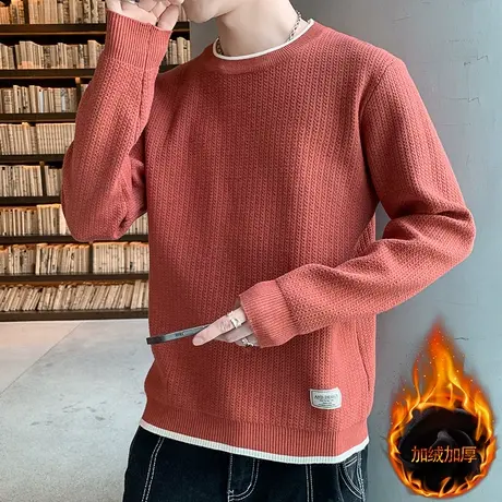 2023秋冬季加绒加厚毛衣男士潮流纯色圆领针织衫线衣宽松保暖上衣商品大图