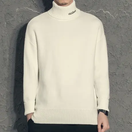 奕飏字母刺绣高领毛衣男 冬季厚款男士白色针织衫ins港风宽松上衣图片