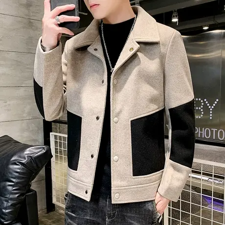 毛呢大衣男士短款秋冬季韩版潮流呢子夹克衫ins翻领外套帅气男装商品大图