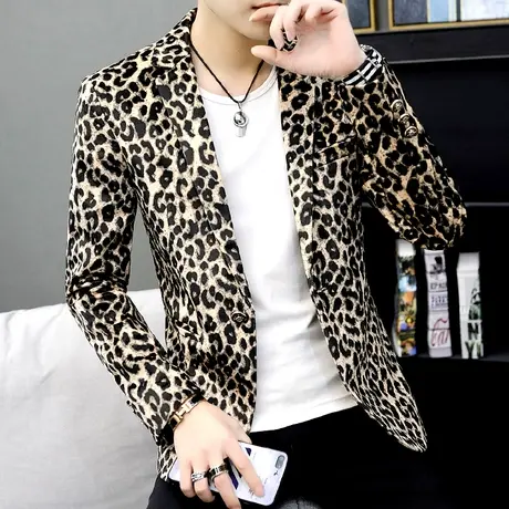 发型师韩版豹纹西装春秋潮牌男装夜店个性外套男士修身帅气小西服商品大图