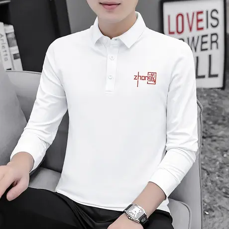中国潮流翻领t恤男长袖polo衫保罗有领商务秋季上衣服带领打底衫商品大图