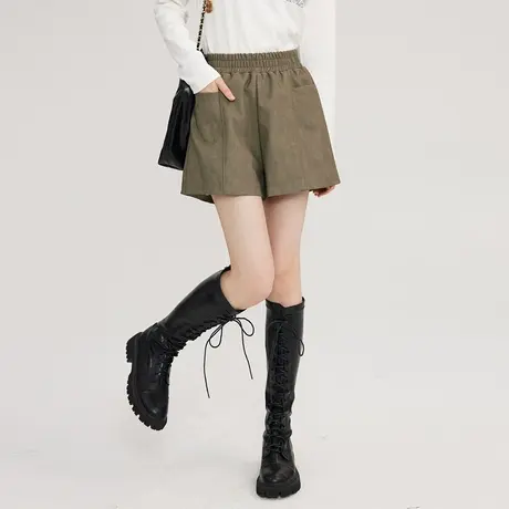 尔给高腰咖色a字皮短裤女外穿2022秋冬新款裤子显瘦宽松阔腿裤商品大图