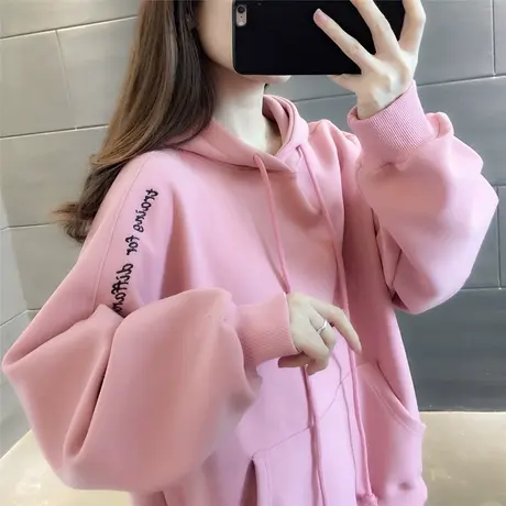 学院风字母刺绣卫衣女加绒加厚2023年秋冬新款宽松保暖外套潮流图片