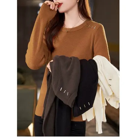 宝诗黎圆领纯色慵懒短款针织衫女秋冬长袖打底慵懒毛衣2023年新款商品大图