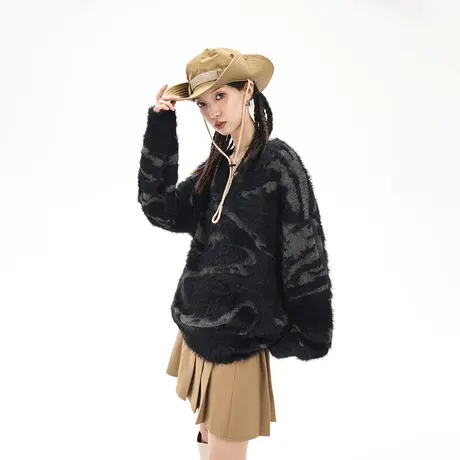 慵懒风黑色毛衣女秋冬2023年新款套头复古宽松oversize外套针织衫图片