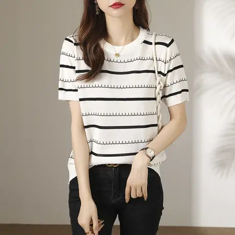 夏天针织衫薄款短袖t恤女2023新款夏季条纹半袖茶里茶气别致上衣商品大图