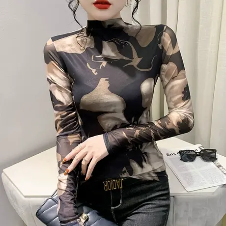 半高领网纱打底衫女春秋显瘦内搭长袖复古印花T恤漂亮气质上衣服商品大图