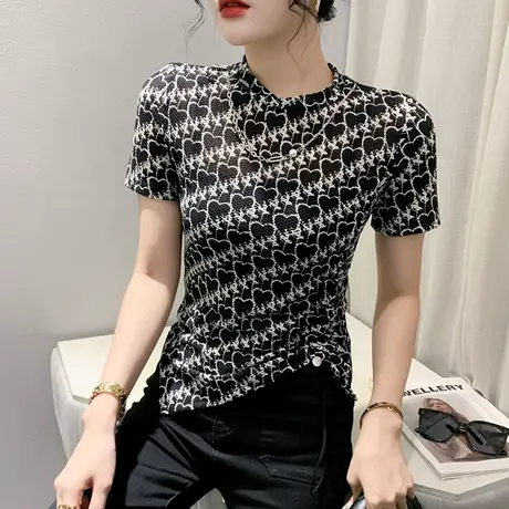 不规则网红T恤女短袖欧货设计感开叉印花上衣高腰紧身小衫半袖夏商品大图