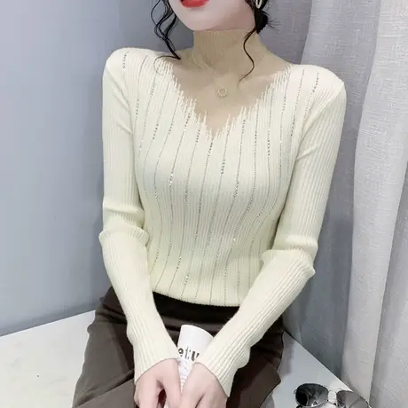 网纱拼接半高领针织衫女秋冬性感镂空烫钻打底上衣内搭套头毛衣女图片