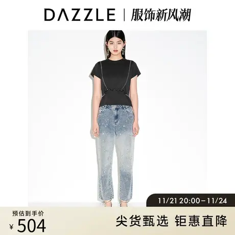 DAZZLE地素奥莱 春夏复古链条装饰黑色休闲短袖t恤短款上衣女图片