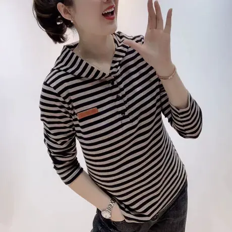 条纹t恤女长袖2023年春秋款韩修身显瘦百搭洋气连帽减龄上衣小衫商品大图