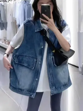 2023春新款复古宽松休闲大口袋设计感单排扣洋气休闲水洗牛仔马甲商品大图