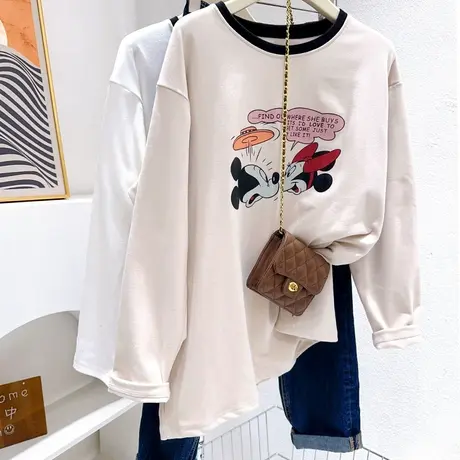 韩代同款双面绒上衣~卡通减龄德绒加厚拼色长袖T恤打底衫胖MM大码商品大图
