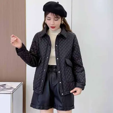 翻领小香风加棉菱形格外套女2023秋冬季新款温柔风韩系棒球服棉衣图片