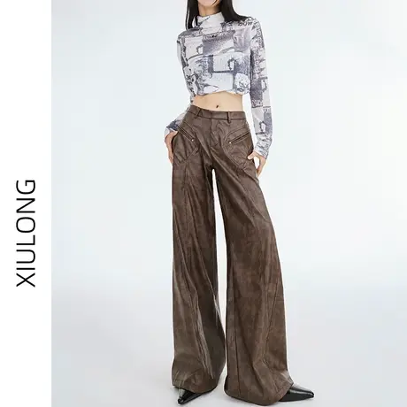 咖啡色休闲阔腿裤女春秋季2023新款显瘦直筒宽松拖地PU皮西装裤子图片