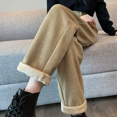 咖色老爹牛仔裤女2024秋冬新款高腰宽松显瘦加绒九分松紧腰哈伦裤图片