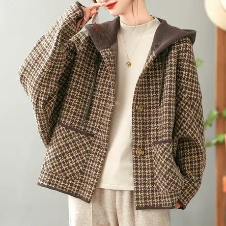dza 复古宽松连帽千鸟格纹休闲外套女士秋冬加厚毛衣外穿短款上衣图片