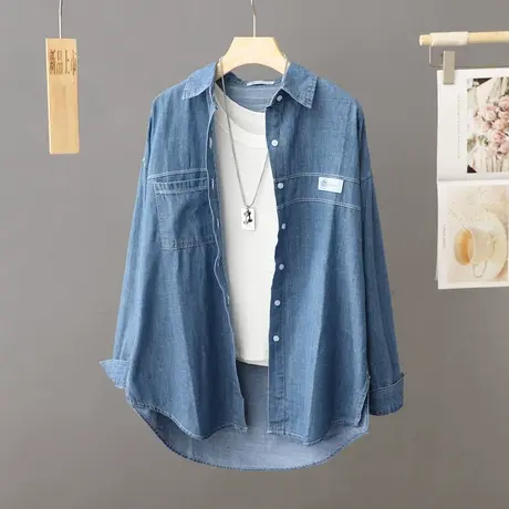 复古港味牛仔衬衫外套女春秋季宽松设计感小众上衣中长款衬衣开衫商品大图