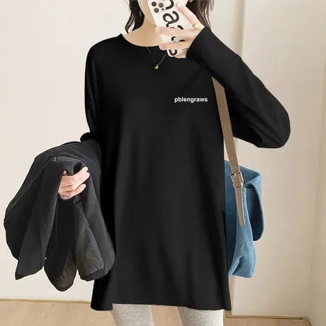 磨毛T恤女黑色字母印花中长款打底衫2022年新款宽松显瘦长袖秋衣图片