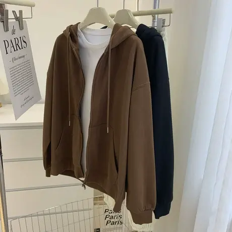 高级定染纯色连帽卫衣女早秋韩版宽松休闲百搭拉链开衫上衣外套潮图片