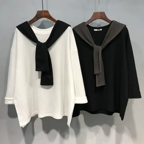 设计感小众学院风女韩版宽松百搭长袖t恤上衣网红披肩两件套潮秋商品大图