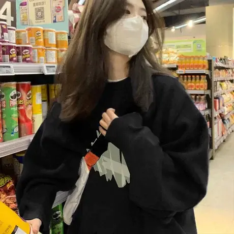 oversize落肩美式复古vibe黑色宽松卫衣女秋冬加绒长袖潮ins上衣商品大图