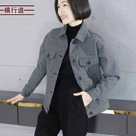 2025新款春装加绒加厚翻领上衣千鸟格宽松胖MM中年妈妈长袖外套女商品大图