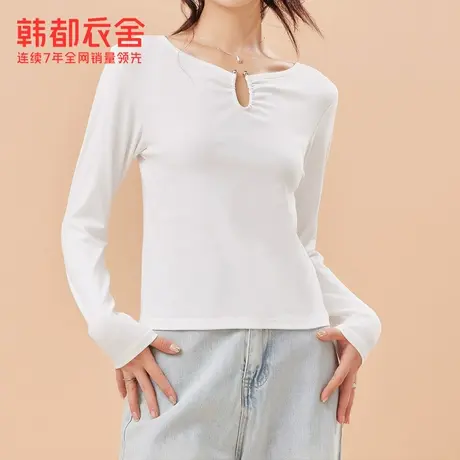 韩都衣舍2023镂空设计感小众纯色长袖T恤女上衣商品大图