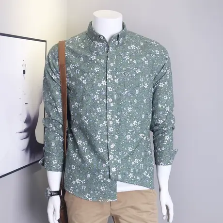 纯棉长袖衬衫男秋季全棉布碎花牛津纺男士宽松印花休闲衬衣图片