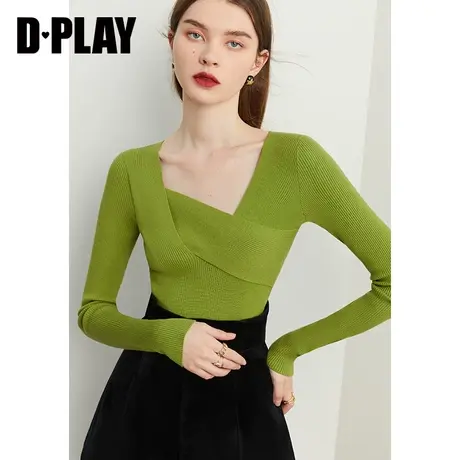 DPLAY2023秋装新气质牛油果绿不规则斜搭领修身针织上衣打底毛衣商品大图