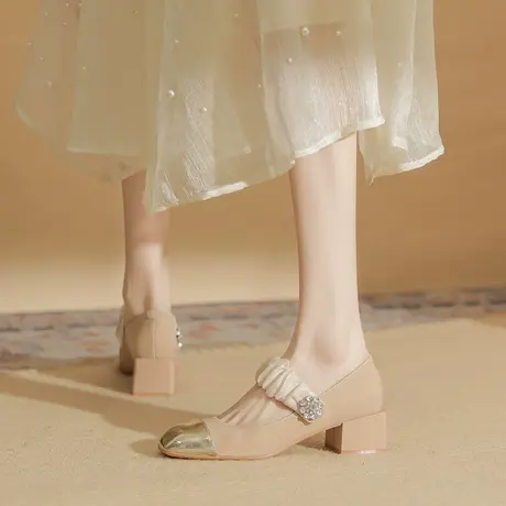 小香风单鞋女中跟2024年新款秋冬方头水钻一字扣玛丽珍鞋气质名媛图片