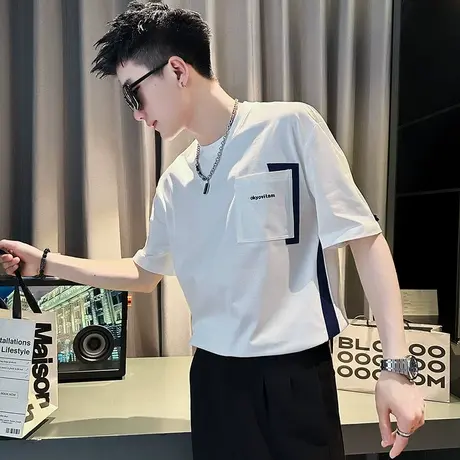 白色短袖男T恤潮牌休闲百搭半袖体恤拼接设计2023新款夏季半截袖商品大图