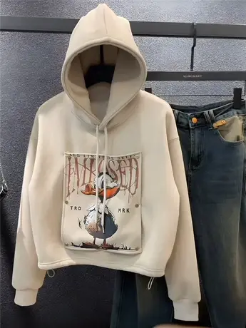 韩版卡通印花小个子连帽卫衣女2023秋冬新款加绒加厚抽绳收腰上衣商品大图