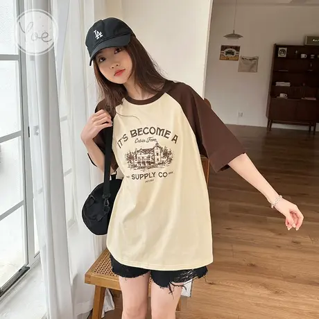 yoe拼接撞色女装美式复古oversize潮牌辣妹纯棉上衣小众短袖t恤女图片