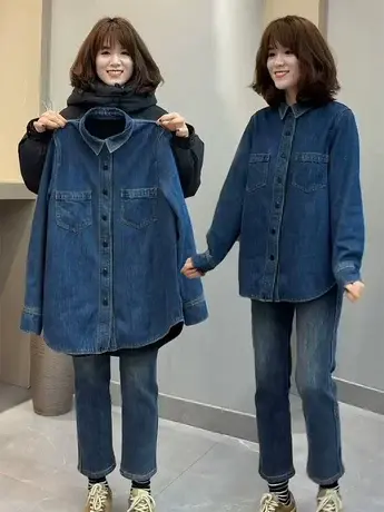 2023秋冬季新款时尚休闲加绒牛仔衬衫女流行叠穿长袖衬衣外套上衣商品大图