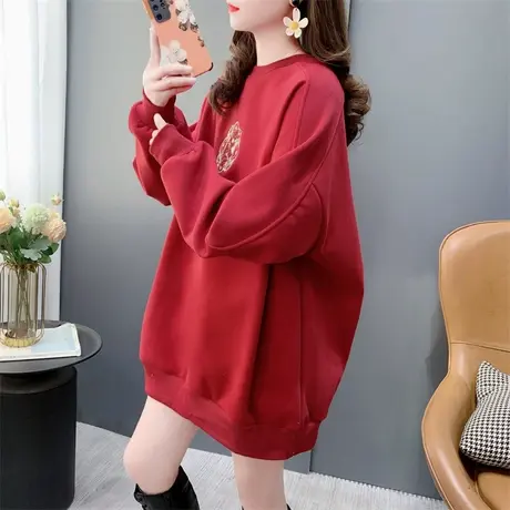 新年红色加绒加厚圆领卫衣女秋冬2023年新款宽松洋气爆款外套上衣商品大图