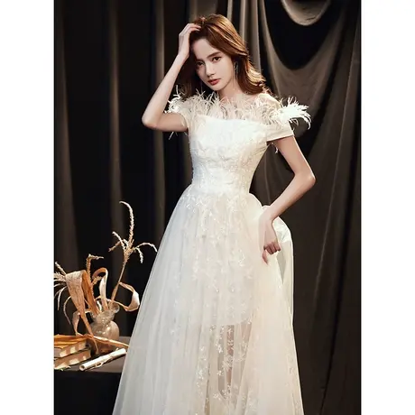 一字肩高端晚礼服裙女大气优雅仙气白色羽毛名媛长款宴会气质年会图片