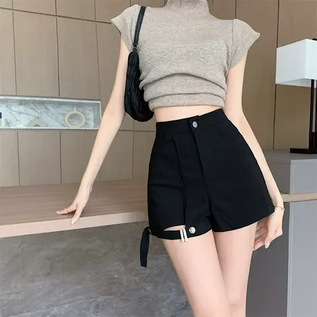 辣妹黑色高腰绑带短裤2024夏新款修身女设计感热裤纯欲弹力打底裤商品大图